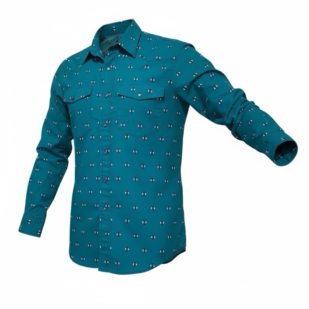 FRONTIER SERIES Mens Large Teal Western Button Shirt Long‎ Sleeve Geometric